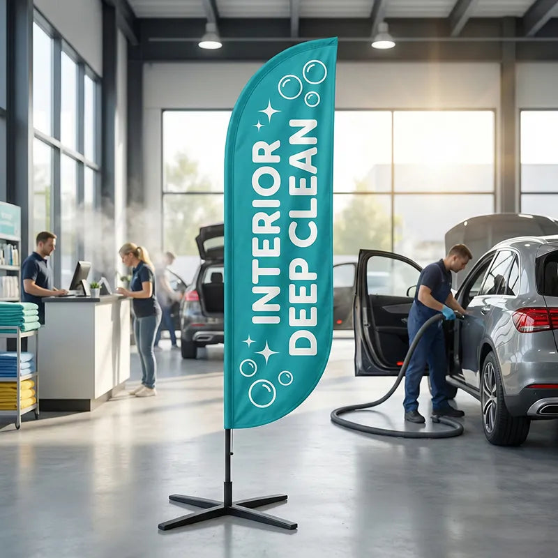 Fresh teal and white interior deep clean feather flag used to promote hygiene and sanitization services at a car wash.