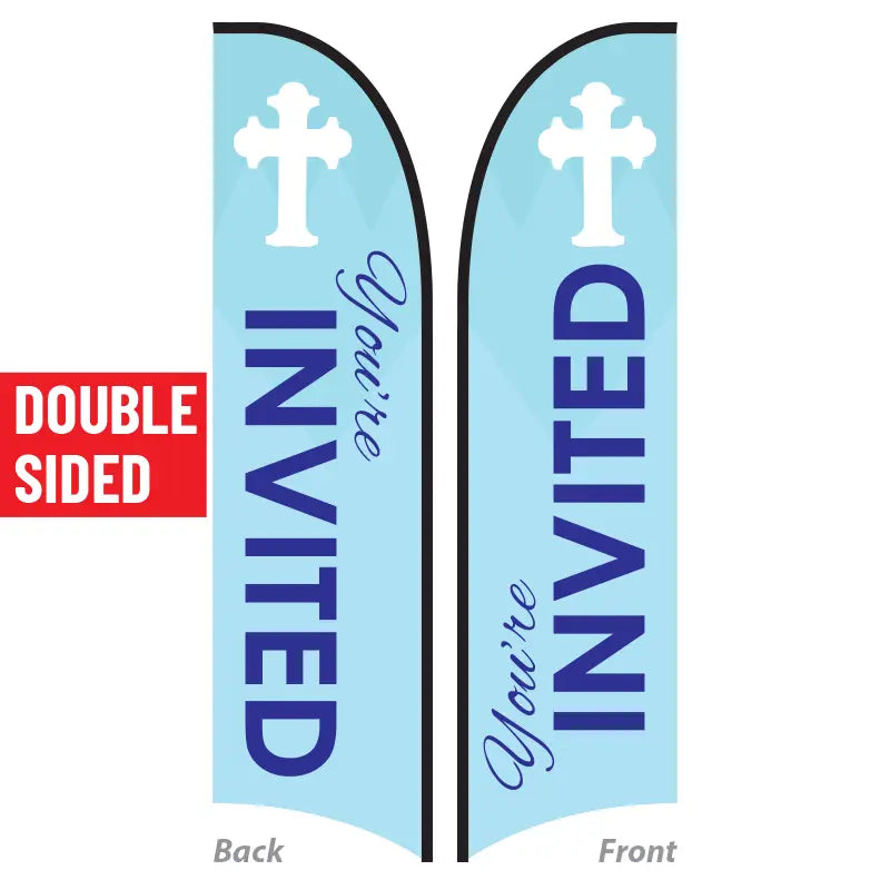 Invited Church Feather Flag Double Sided Blue Banner