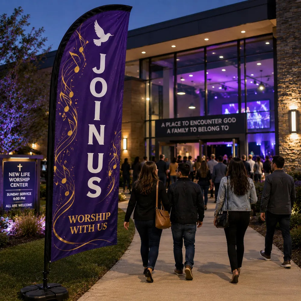 church feather flag with praise and worship Join Us theme outside modern worship night