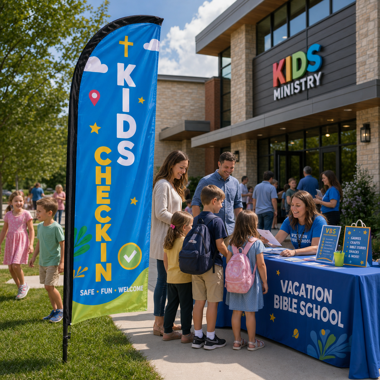 Kids ministry check-in feather flag near VBS registration