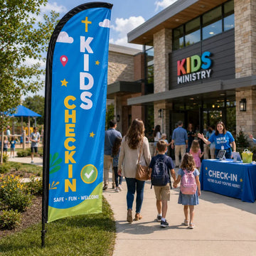 Kids ministry check-in church feather flag outside a busy family ministry entrance with parents, children, and volunteers