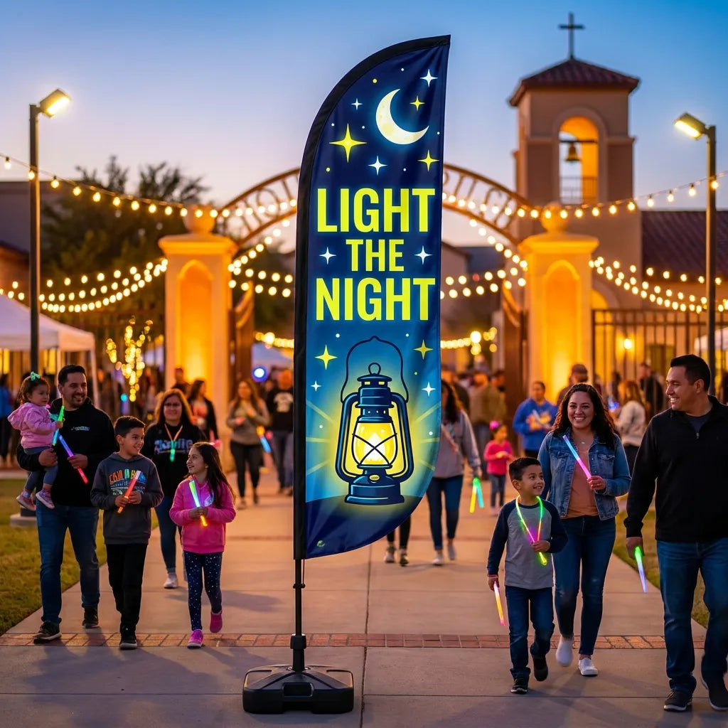 Light The Night Family Event Church Feather Flag - Premium custom church feather flag on heavy duty base