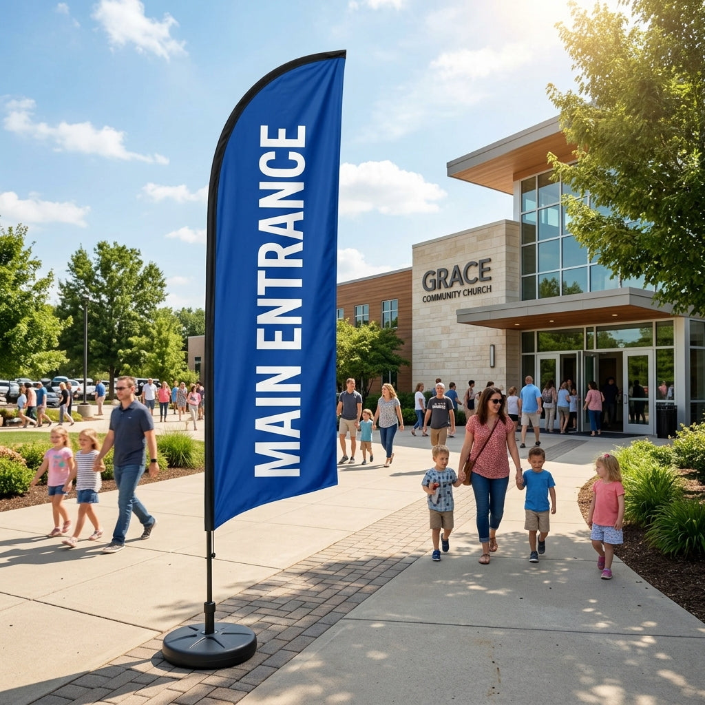 Main Entrance Feather Flag with real world church background