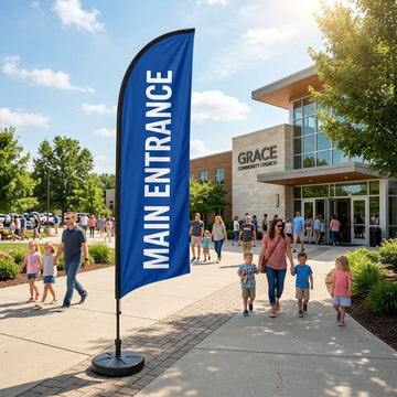Main Entrance Feather Flag with real world church background
