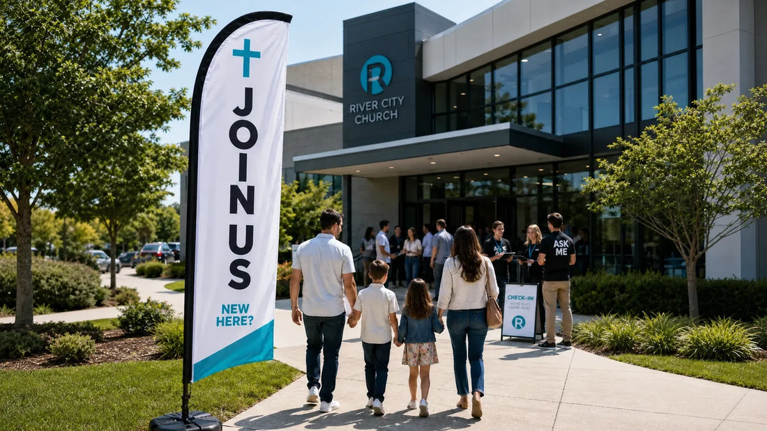 church feather flag with modern campus New Here Join Us theme at church entrance
