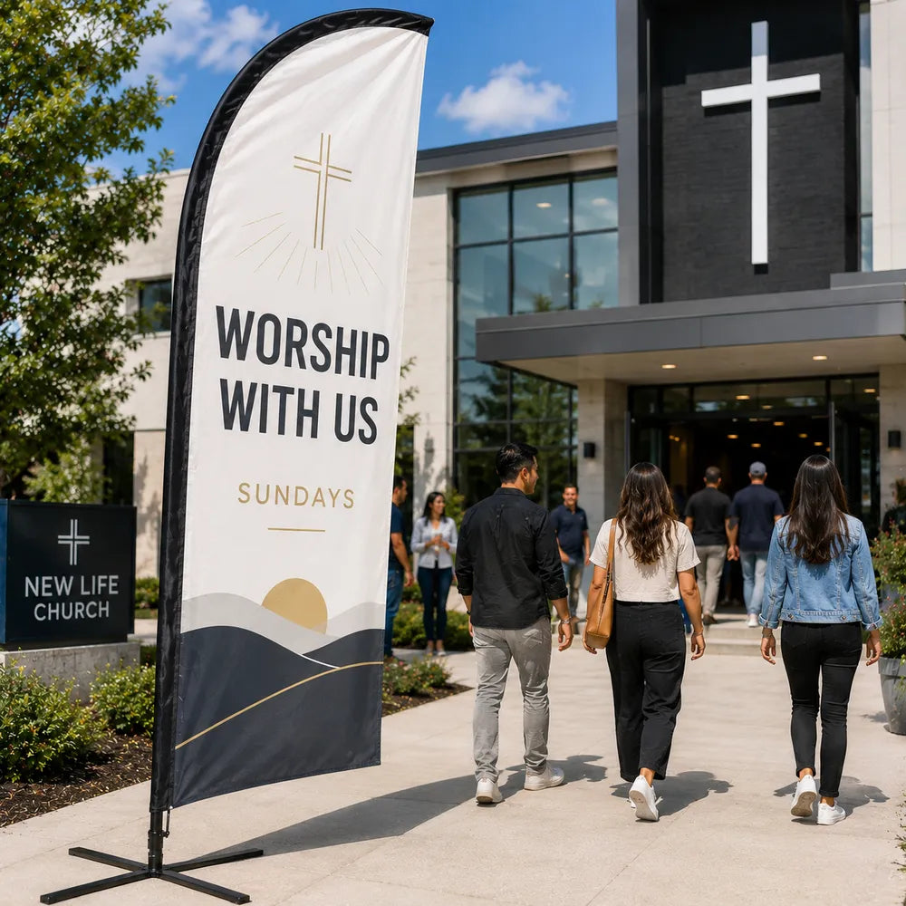 Modern Worship With Us church feather flag outside a contemporary church entrance with people arriving