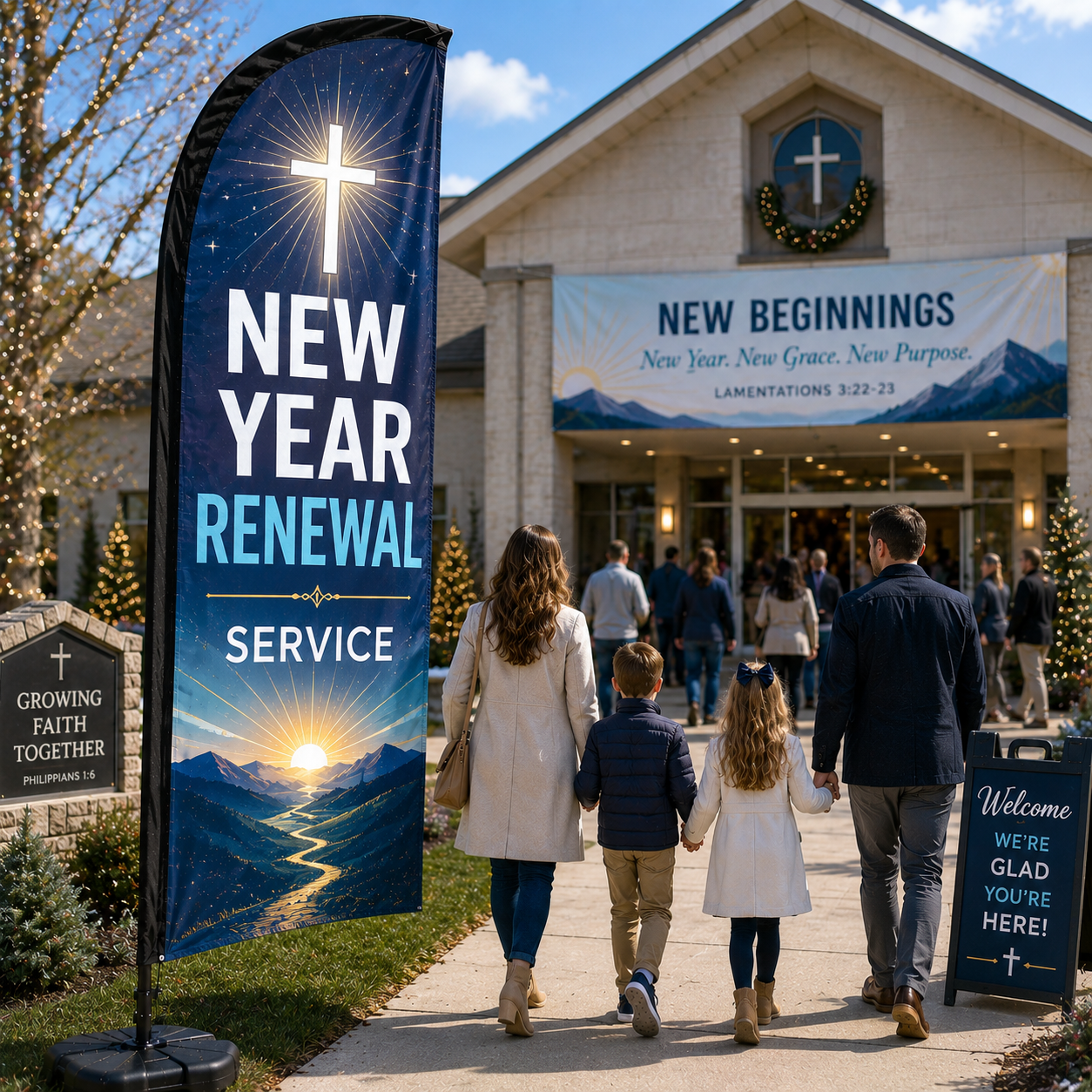 New Year Renewal Service church feather flag outside church plaza with winter worship gathering background