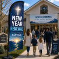 New Year Renewal Service church feather flag outside church plaza with winter worship gathering background