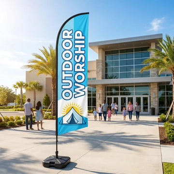 Outdoor Worship Service Under The Tent Church Feather Flag