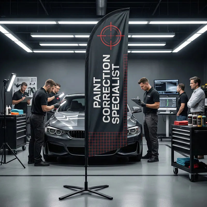 Professional paint correction feather flag with crosshair graphics, displayed in a detailing studio with specialized LED lighting.