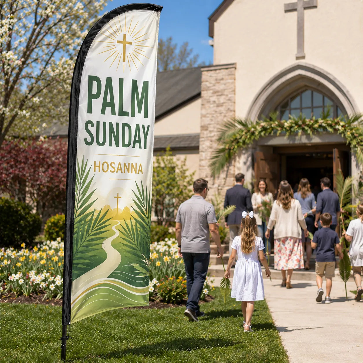 Palm Sunday Hosanna church feather flag with palm branch design on church lawn during spring worship service