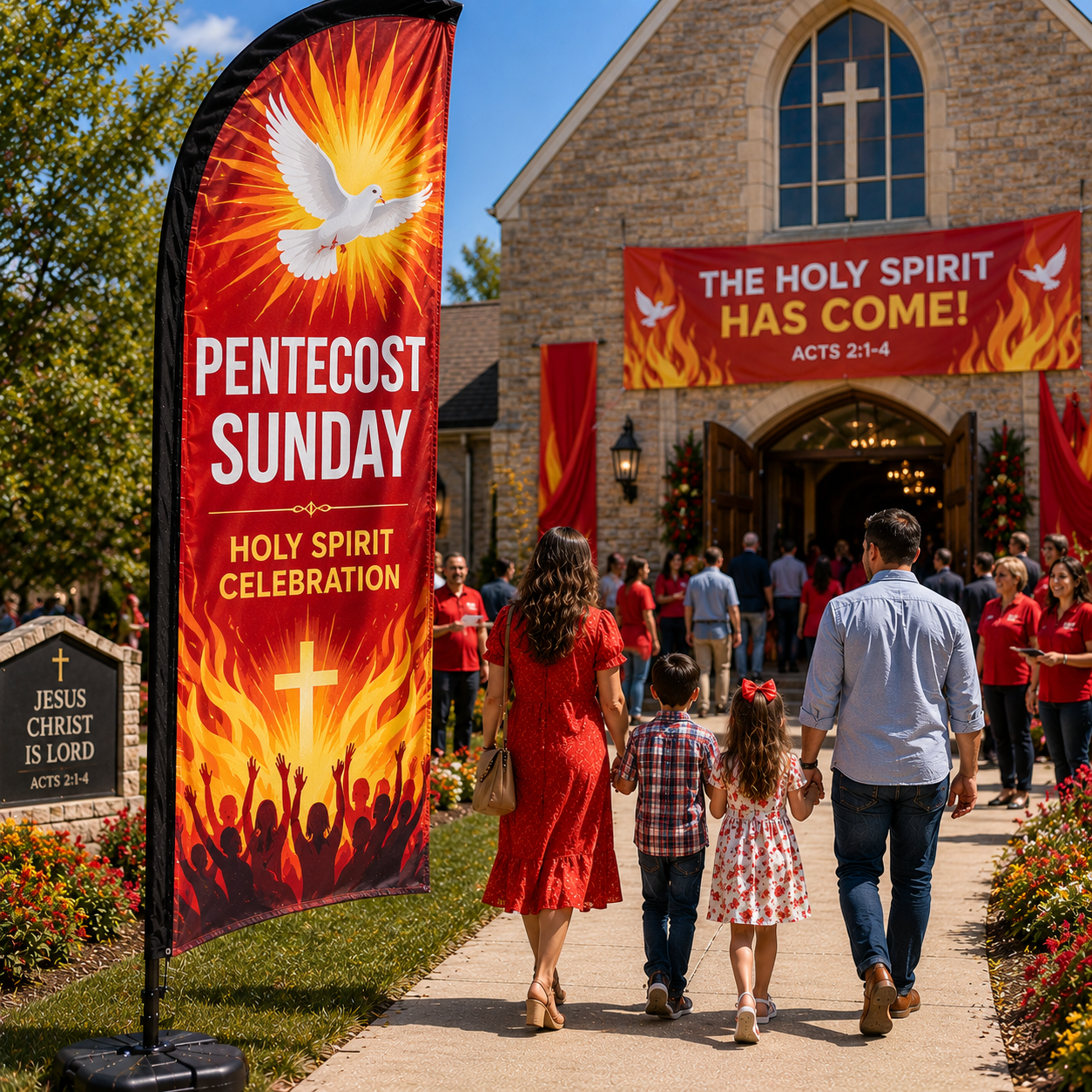 Pentecost Sunday church feather flag with flame and dove design outside busy church courtyard
