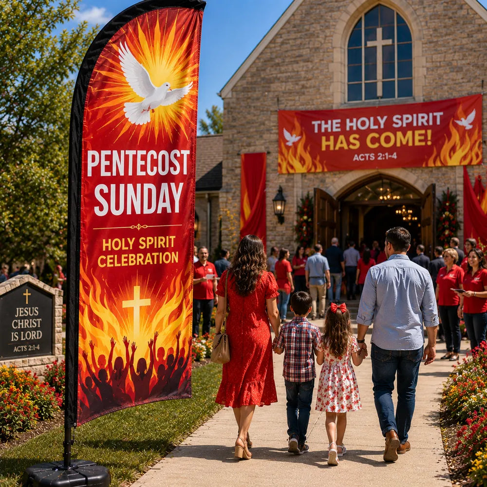 Pentecost Sunday church feather flag with flame and dove design outside busy church courtyard