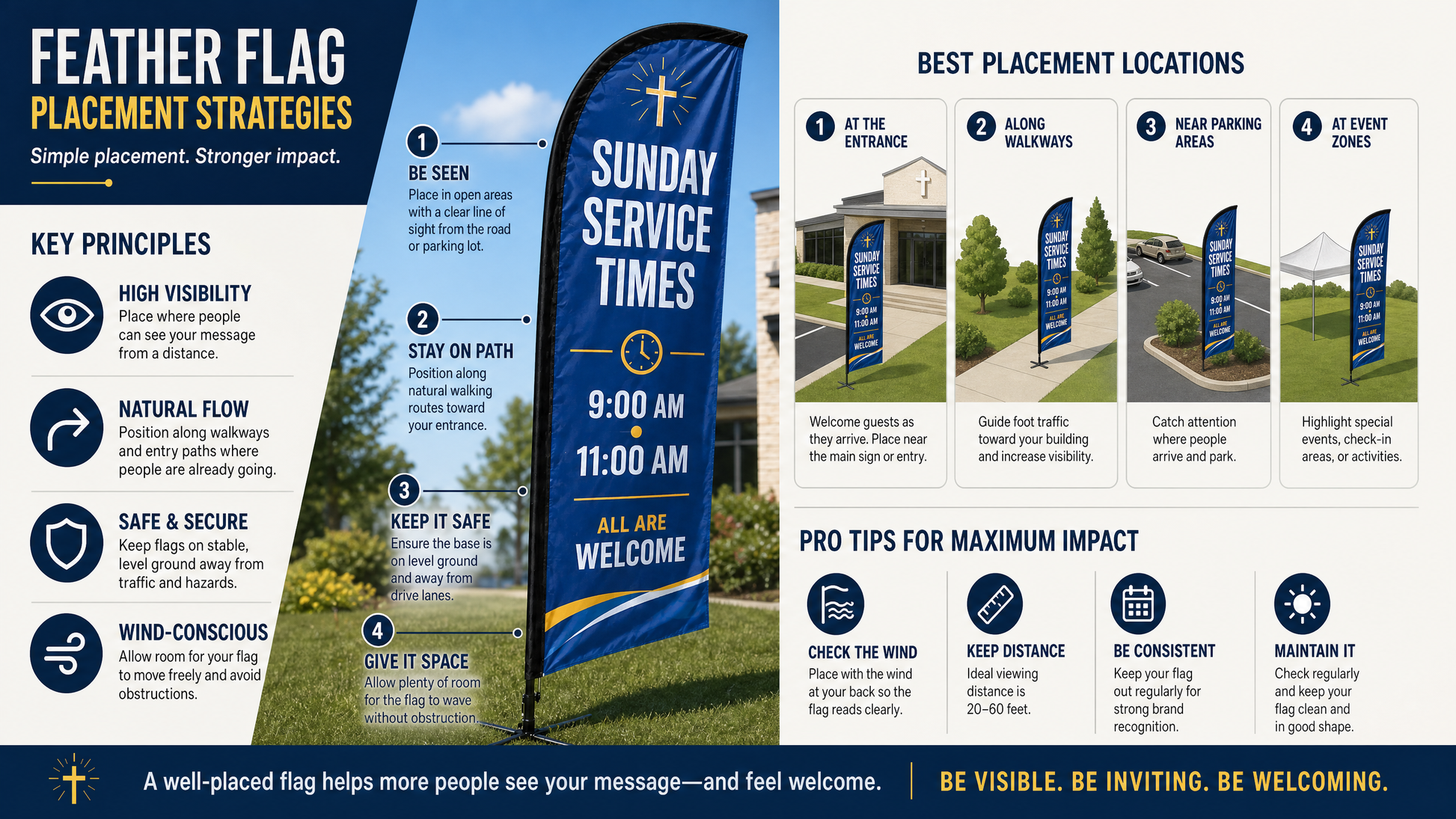 Sunday Service Times church feather flag with 9 AM and 11 AM schedule near a busy church parking walkway - Placement Infographic