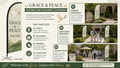 Placement infographic: Grace and Peace church feather flag with dove design near a peaceful church garden entrance