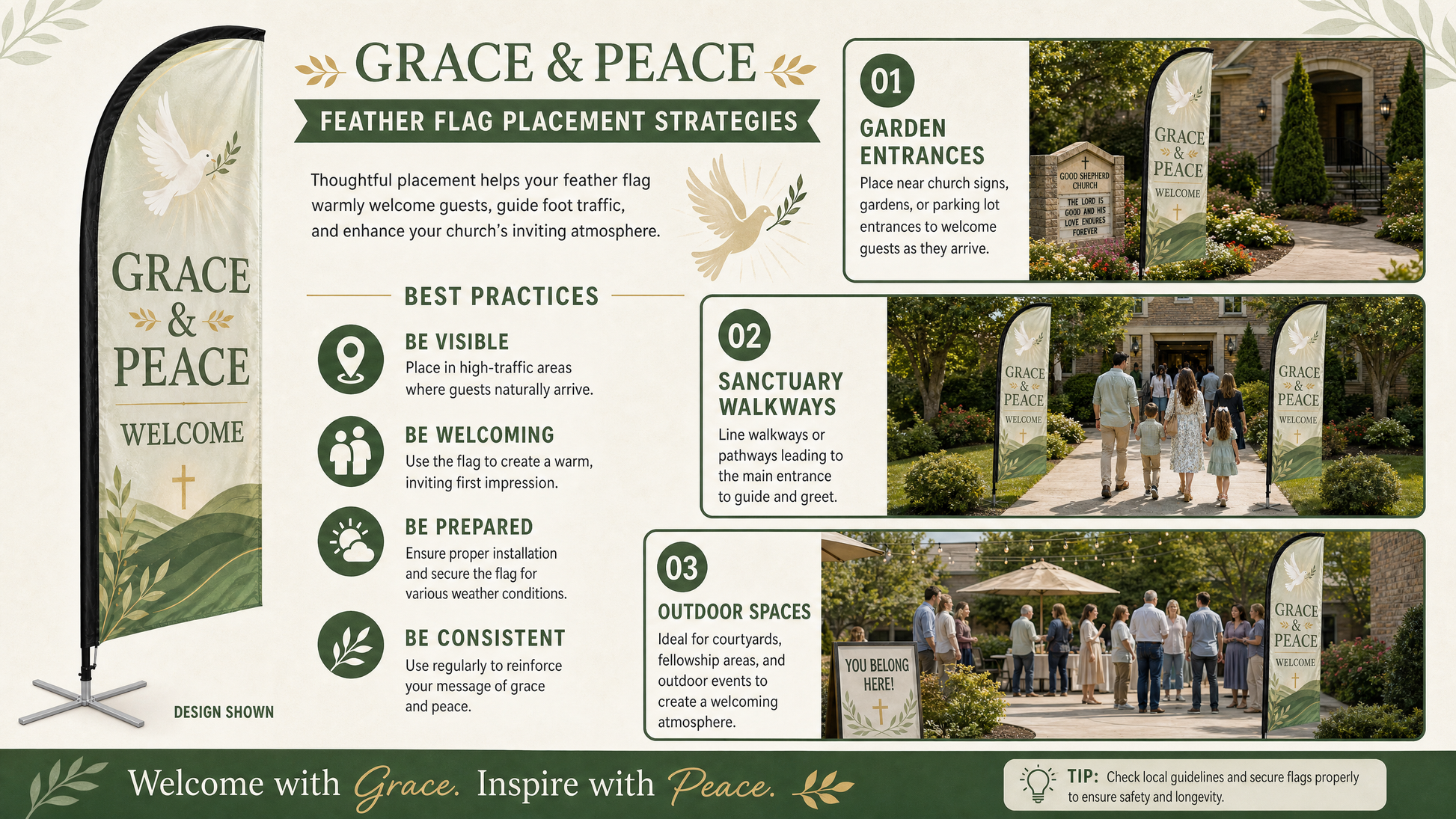 Placement infographic: Grace and Peace church feather flag with dove design near a peaceful church garden entrance