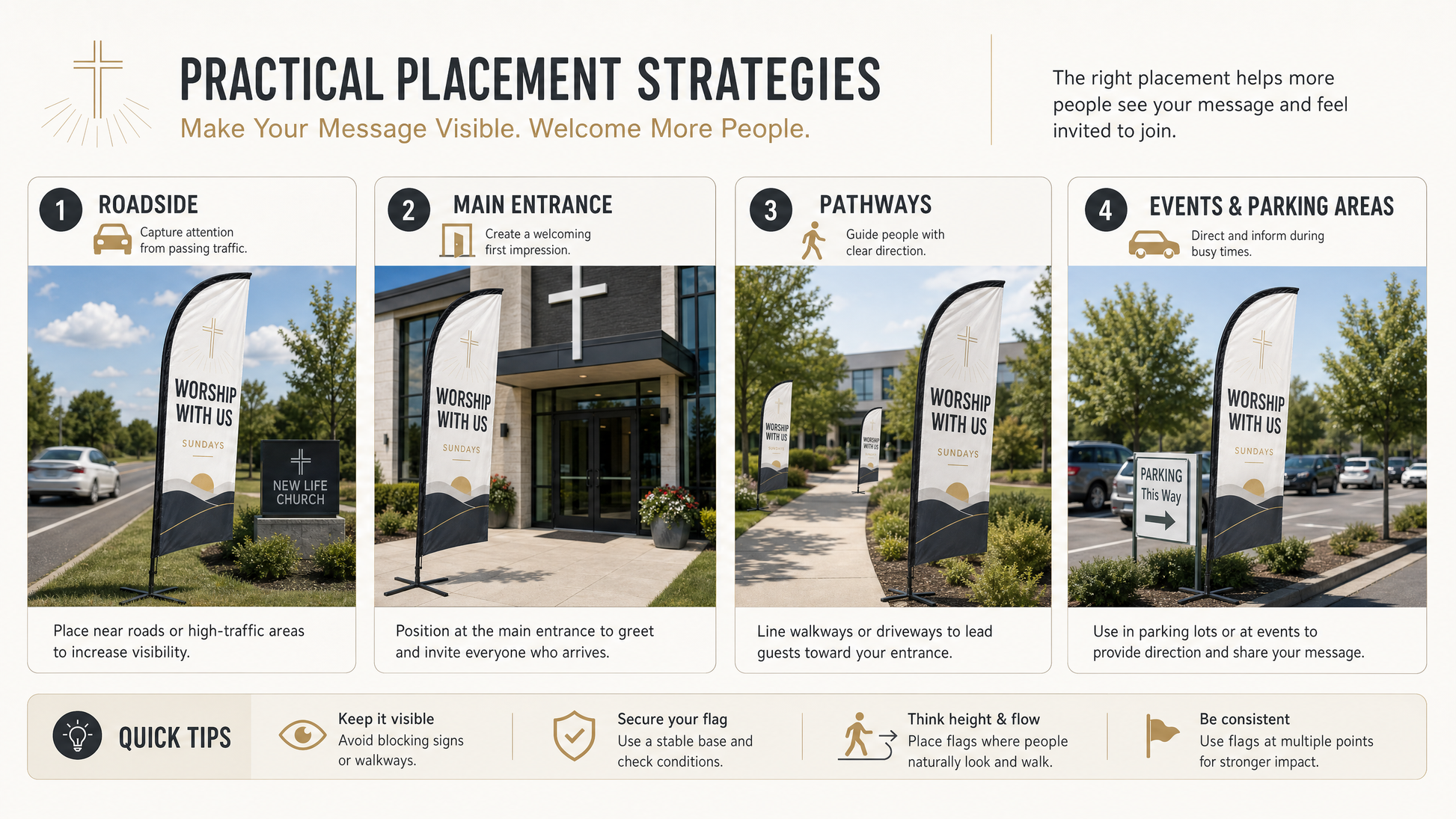 Modern Worship With Us church feather flag placement infographic