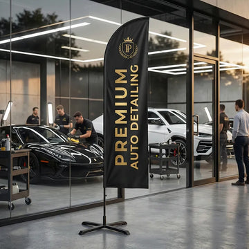 Luxury black and gold auto detailing feather flag standing outside a high-end detailing studio with a supercar in the background.