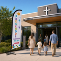 Preschool and playgroup directional church feather flag at main entrance