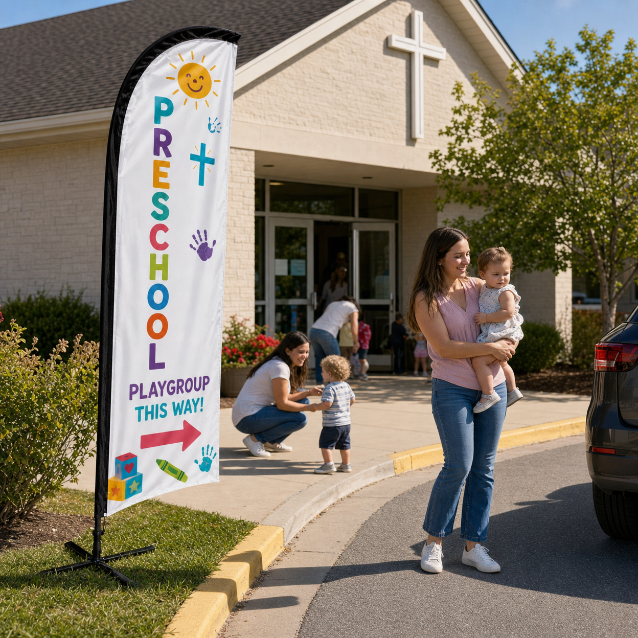 Preschool and playgroup directional church feather flag near nursery drop-off