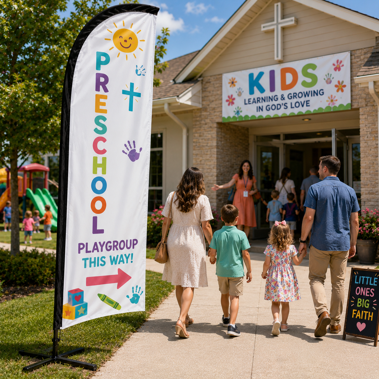 Preschool and playgroup directional church feather flag beside a church children’s ministry entrance with parents and toddlers