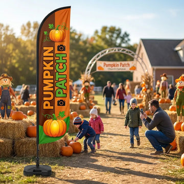 Pumpkin Patch & Photo Op Location Feather Flag - Premium custom church feather flag on heavy duty base