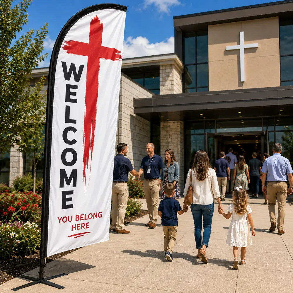 Red cross church feather flag with welcome message on a concrete church entrance plaza