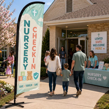 Safe nursery and toddler check-in church feather flag outside a family ministry entrance with parents and volunteers