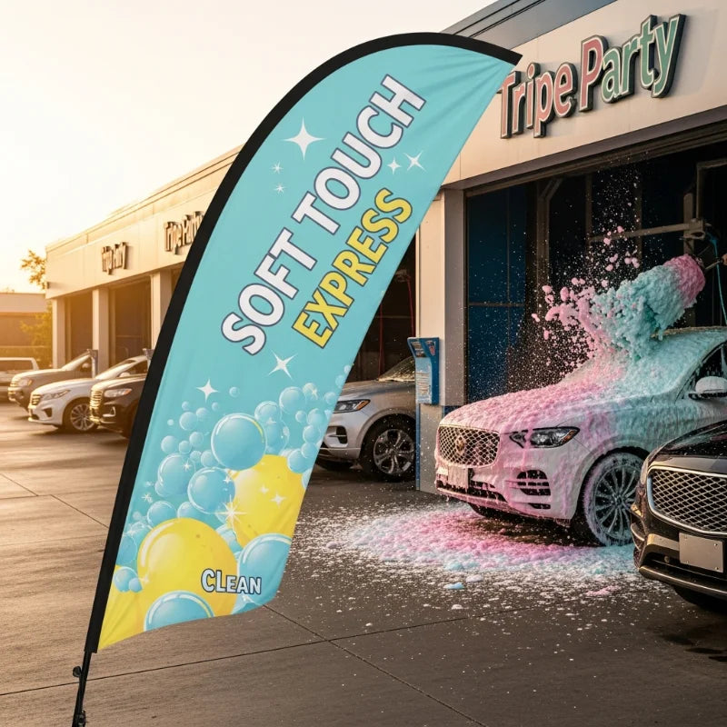 Bubble-design soft-touch car wash feather flag emphasizing paint safety and premium foam service for luxury vehicles.