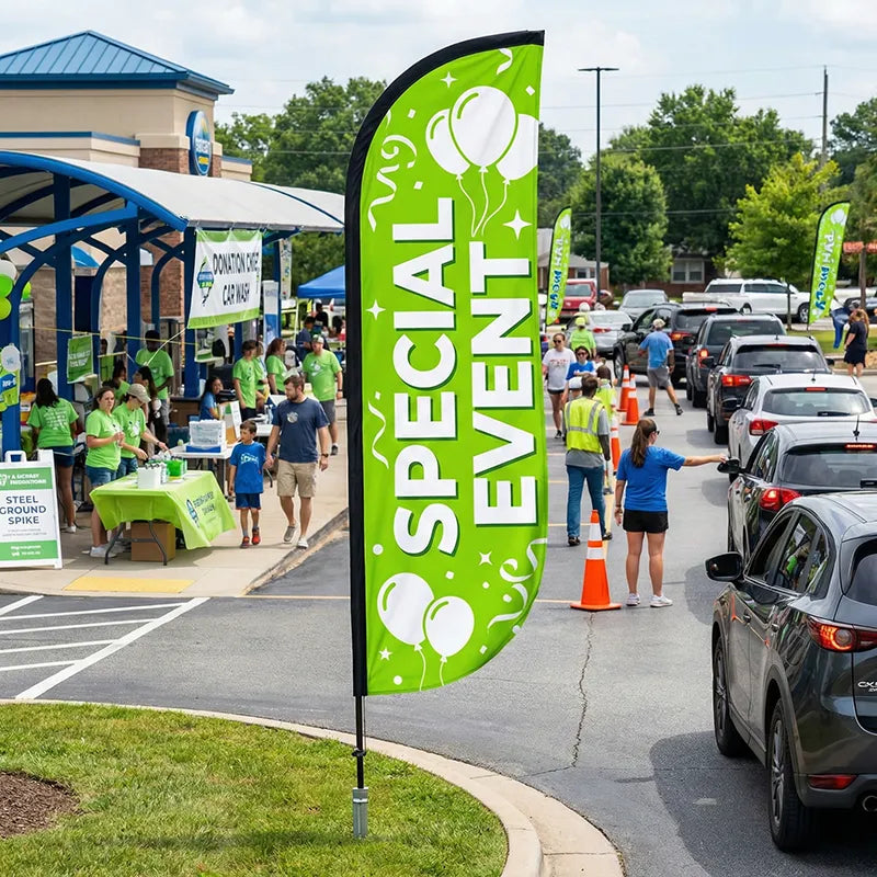 High-impact green Special Event feather flag used for a car wash promotion or community fundraising event.
