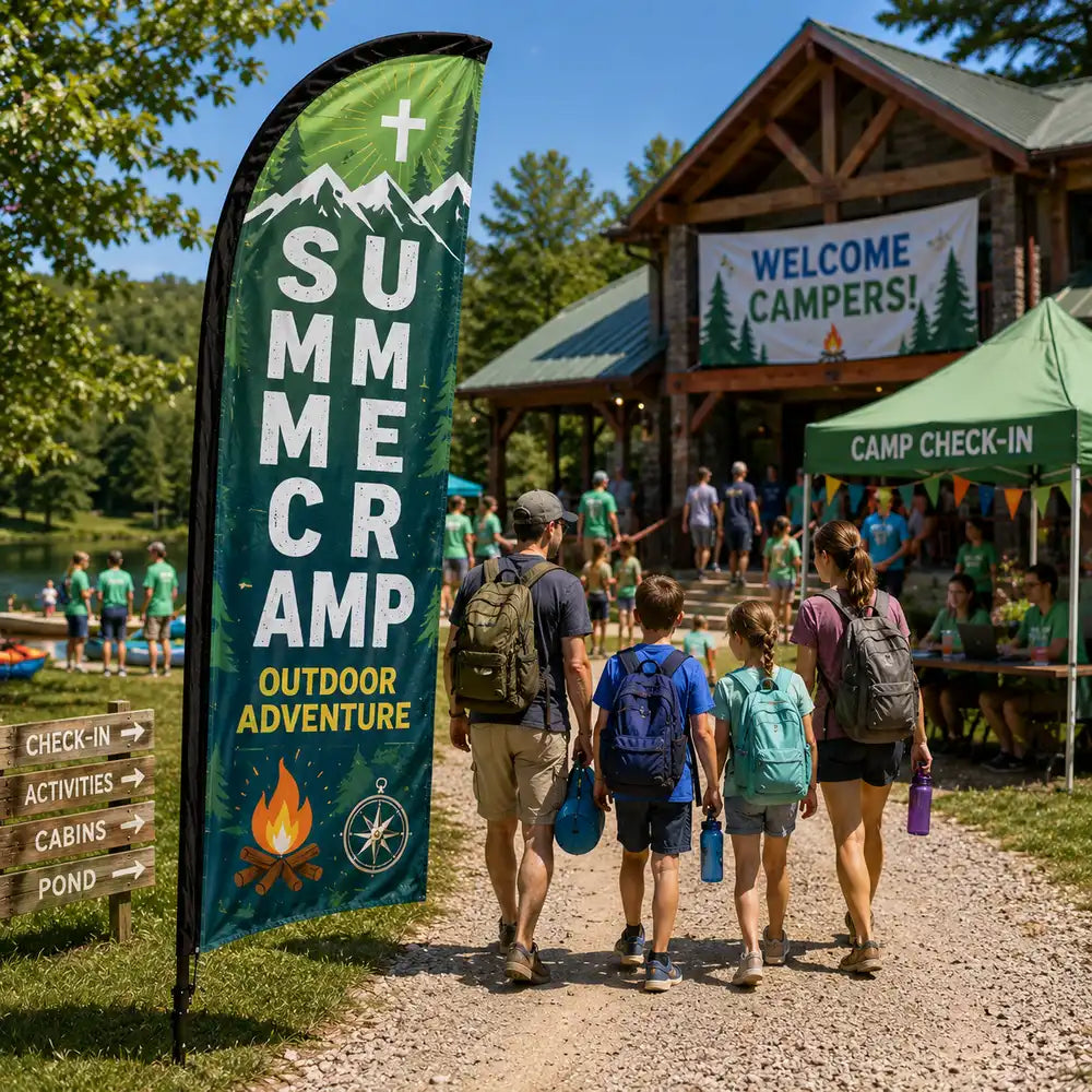 Summer Camp Outdoor Adventure church feather flag on a church lawn with campers, volunteers, tents, and check-in activity