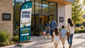 Sunday School Classrooms church feather flag at education building entrance