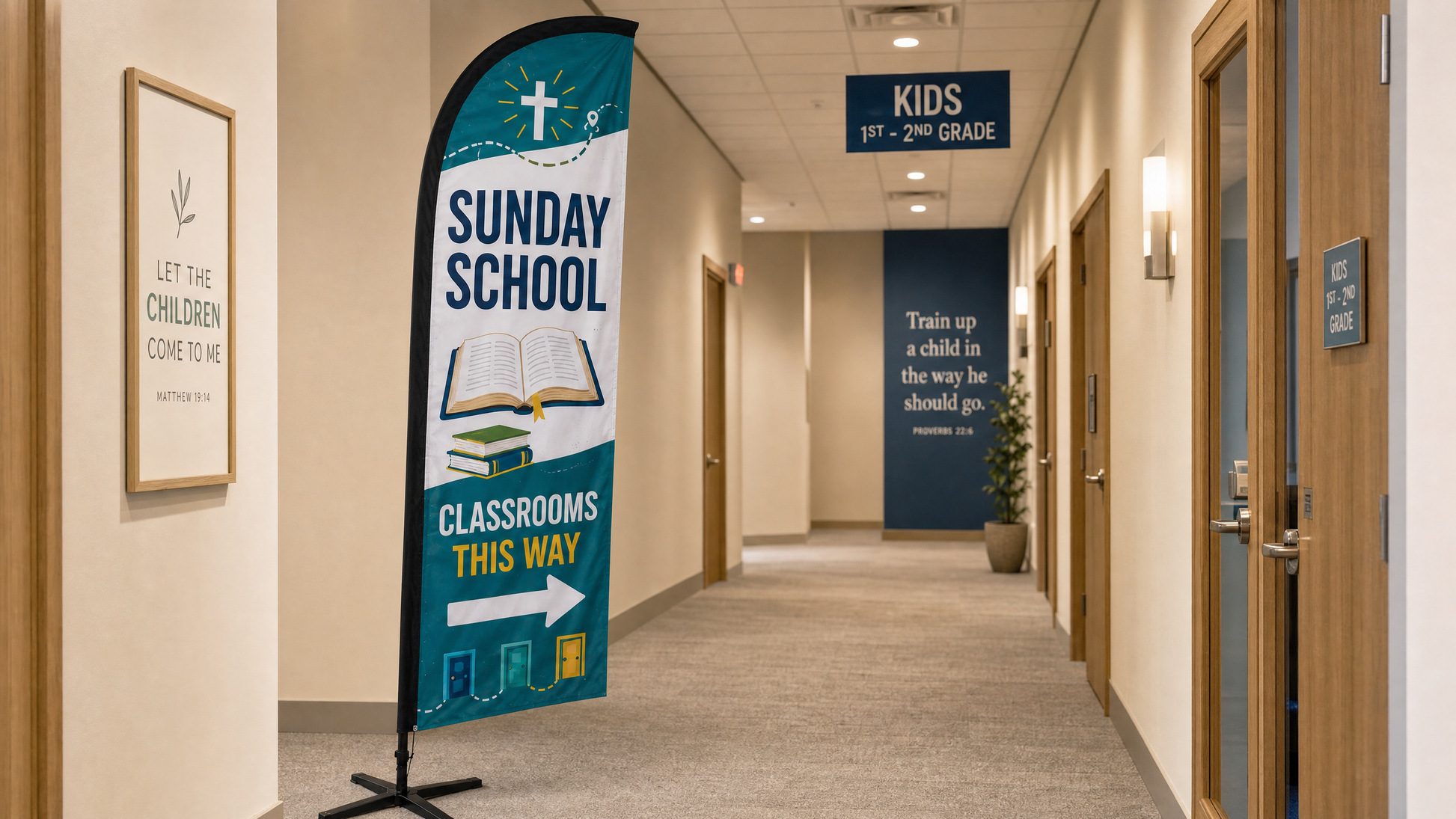 Sunday School Classrooms church feather flag in a church hallway
