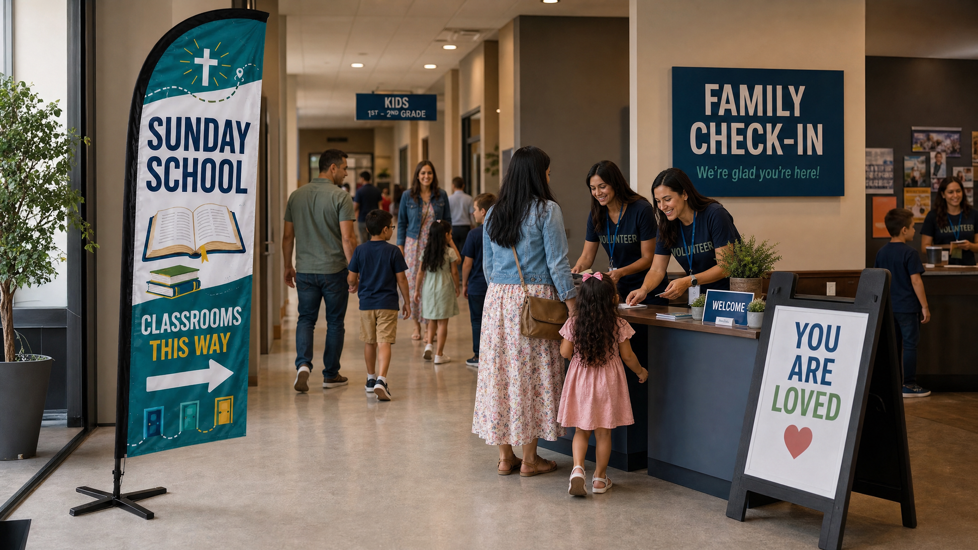 Sunday School Classrooms church feather flag at family check-in area