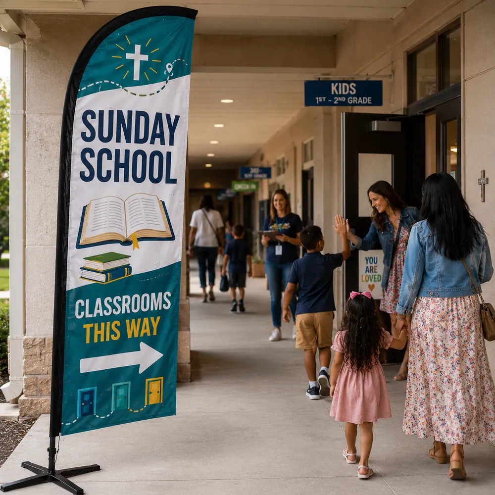Sunday School Classrooms church feather flag outside a church education wing with families and teachers arriving