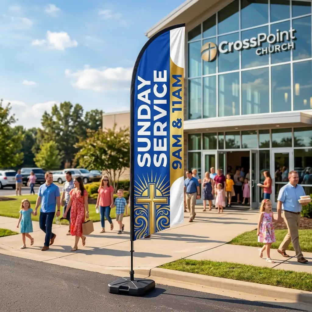 Sunday Service 9AM & 11AM Church Feather Flag - Premium custom church feather flag on heavy duty base