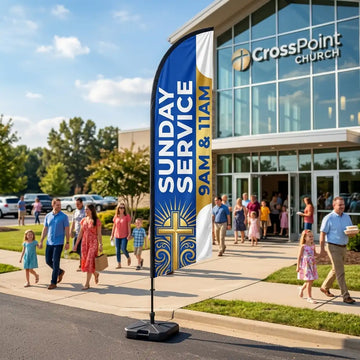 Sunday Service 9AM & 11AM Church Feather Flag - Premium custom church feather flag on heavy duty base