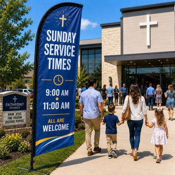 Sunday Service Times church feather flag with 9 AM and 11 AM schedule near a busy church parking walkway
