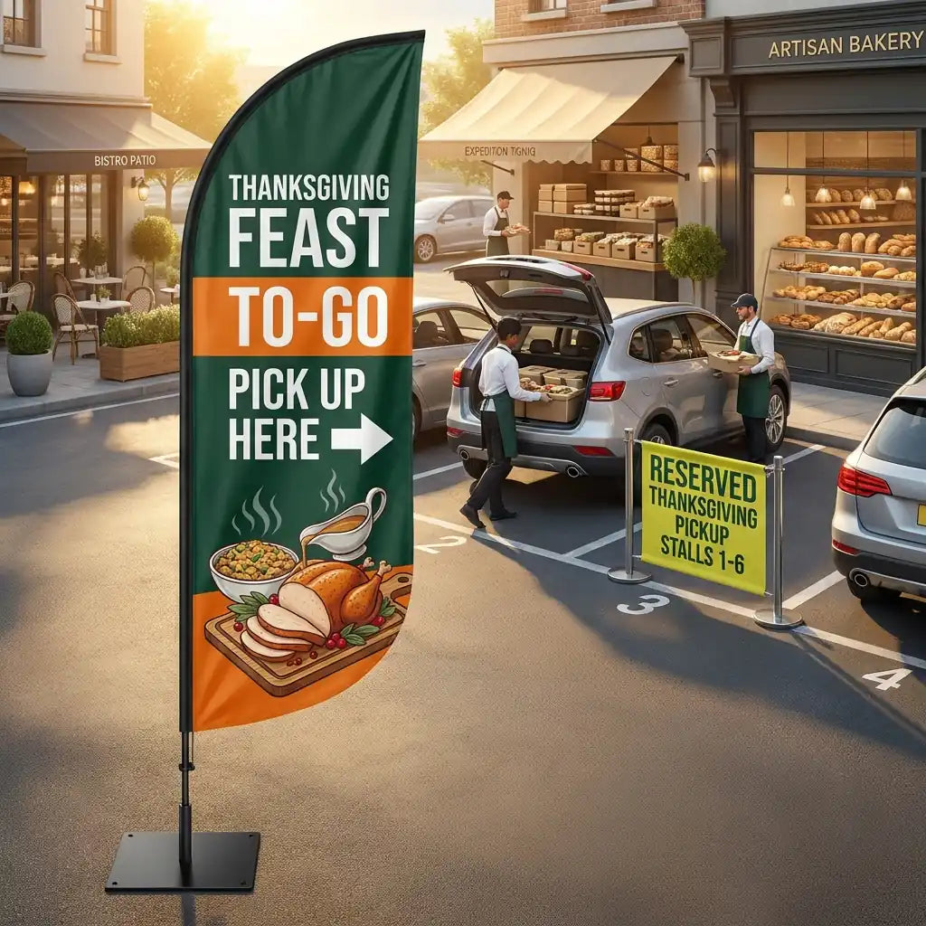 Thanksgiving Feast To-Go Pick Up Here Feather Flag