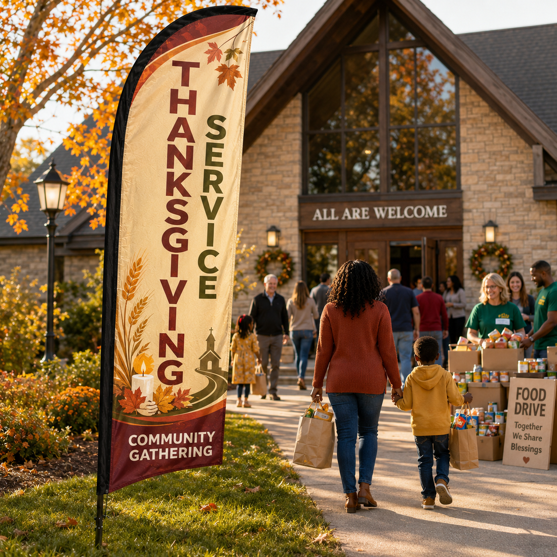 Thanksgiving Service church feather flag on church lawn with community gathering and food drive entrance