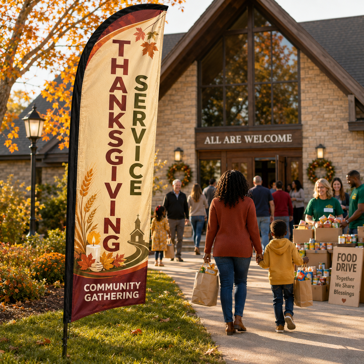 Thanksgiving Service church feather flag on church lawn with community gathering and food drive entrance