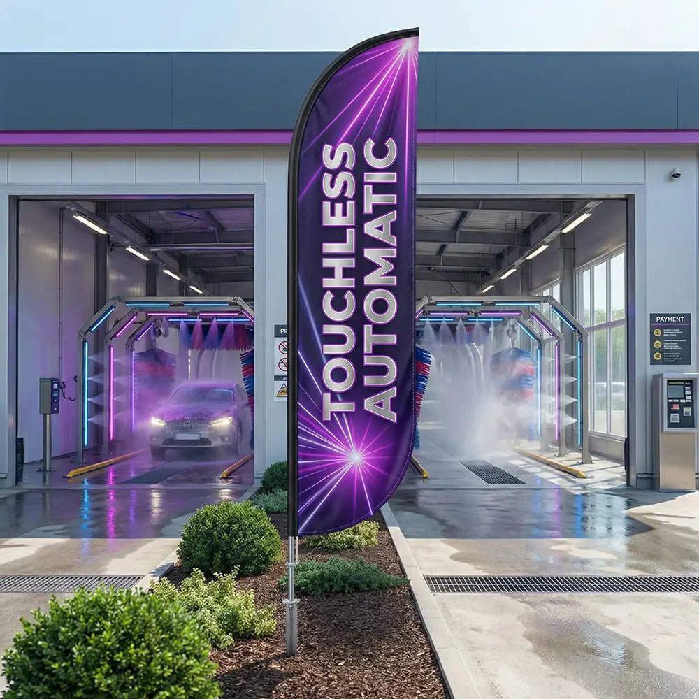High-tech purple and silver Touchless Automatic feather flag signaling paint-safe washing technology.