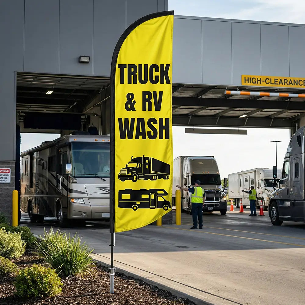 High-visibility yellow and black Truck & RV Wash feather flag positioned at a high-clearance wash bay.