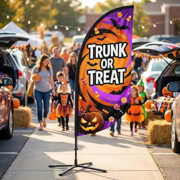 Trunk Or Treat Entrance & Wayfinding Feather Flag - Premium custom church feather flag on heavy duty base