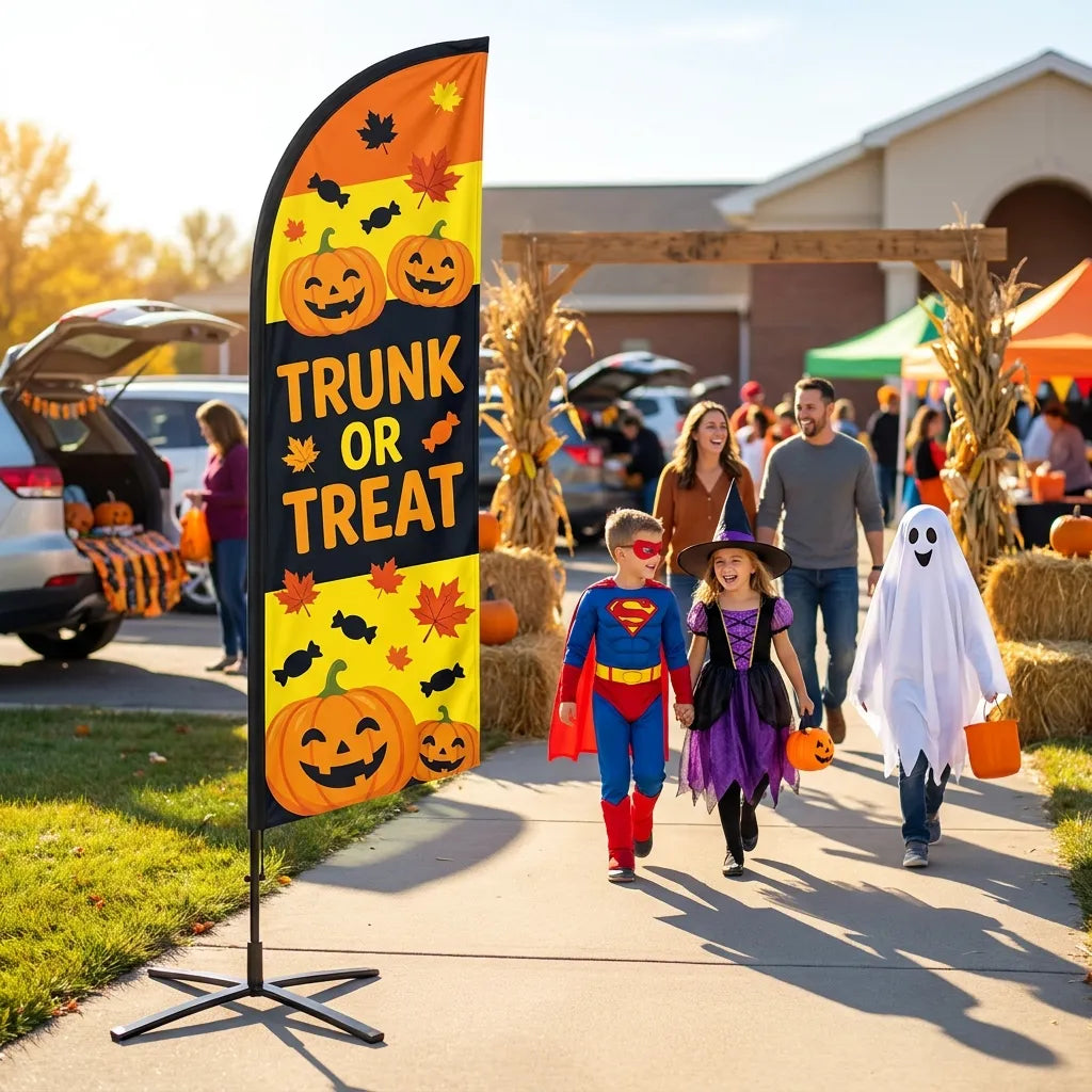 Trunk Or Treat Family Event Church Feather Flag - Premium custom church feather flag on heavy duty base