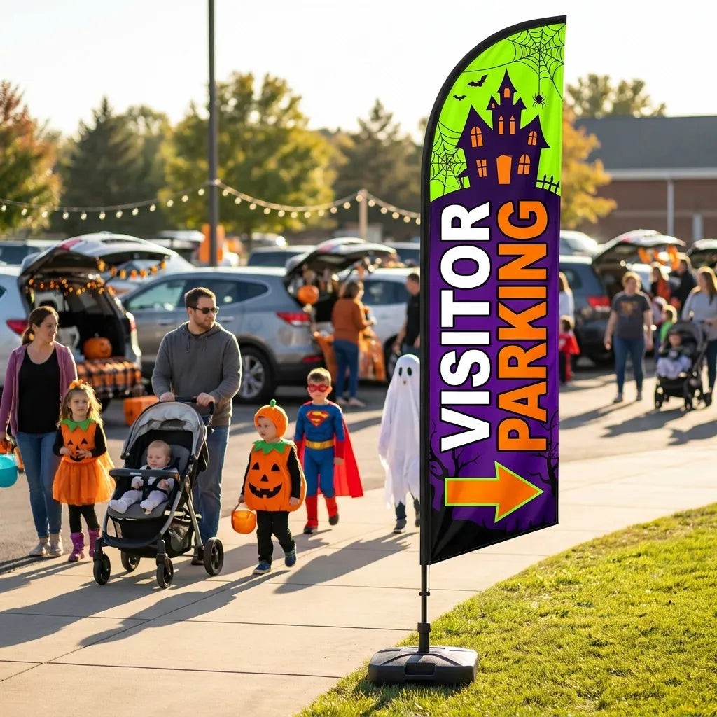 Trunk Or Treat Visitor Parking Directional Feather Flag - Premium custom church feather flag on heavy duty base