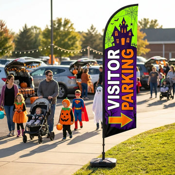 Trunk Or Treat Visitor Parking Directional Feather Flag - Premium custom church feather flag on heavy duty base