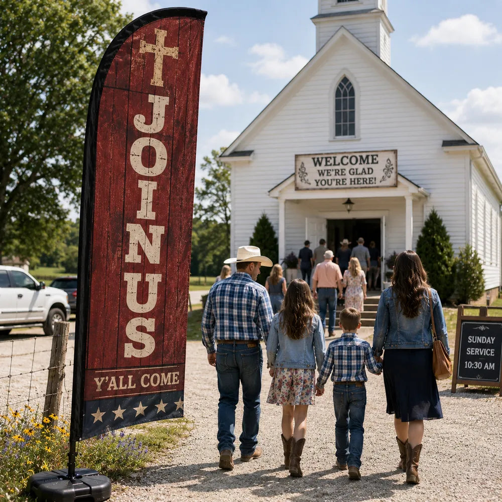 church feather flag with country church Yall Join Us theme outside rural church