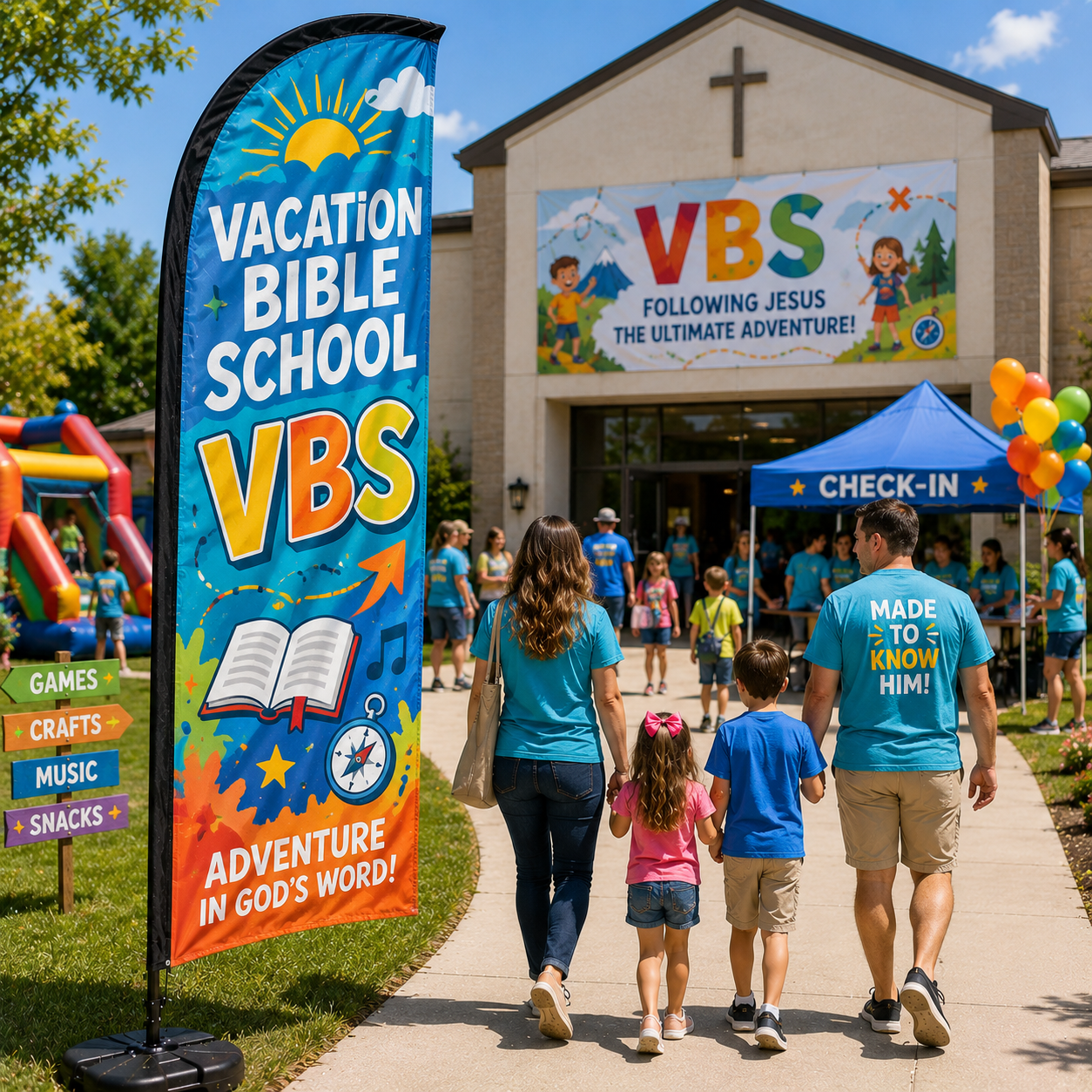 Vacation Bible School VBS church feather flag on church lawn with children and volunteers at summer check-in