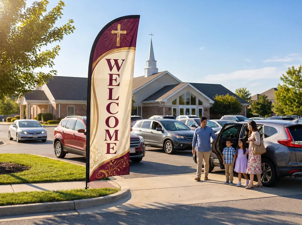 Church welcome feather flag at parking lot entrance guiding first-time visitors on Sunday morning